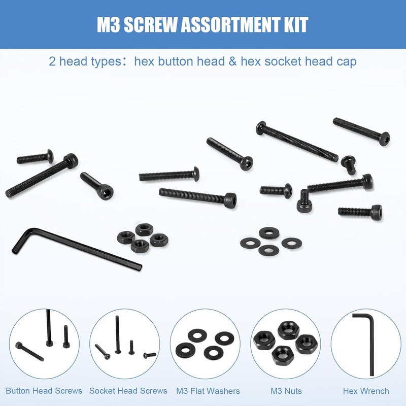 Takytao 1600 Pcs M3 Screw Kit, M3 Button Head and Socket Head Screws, Metric Machine Screw Assortment, 12.9 Grade Alloy Steel, Black Zinc Plated - Image 4